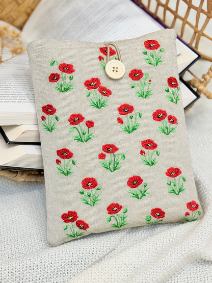 handmade embroidered poppy book sleeve with red flowers on linen fabric