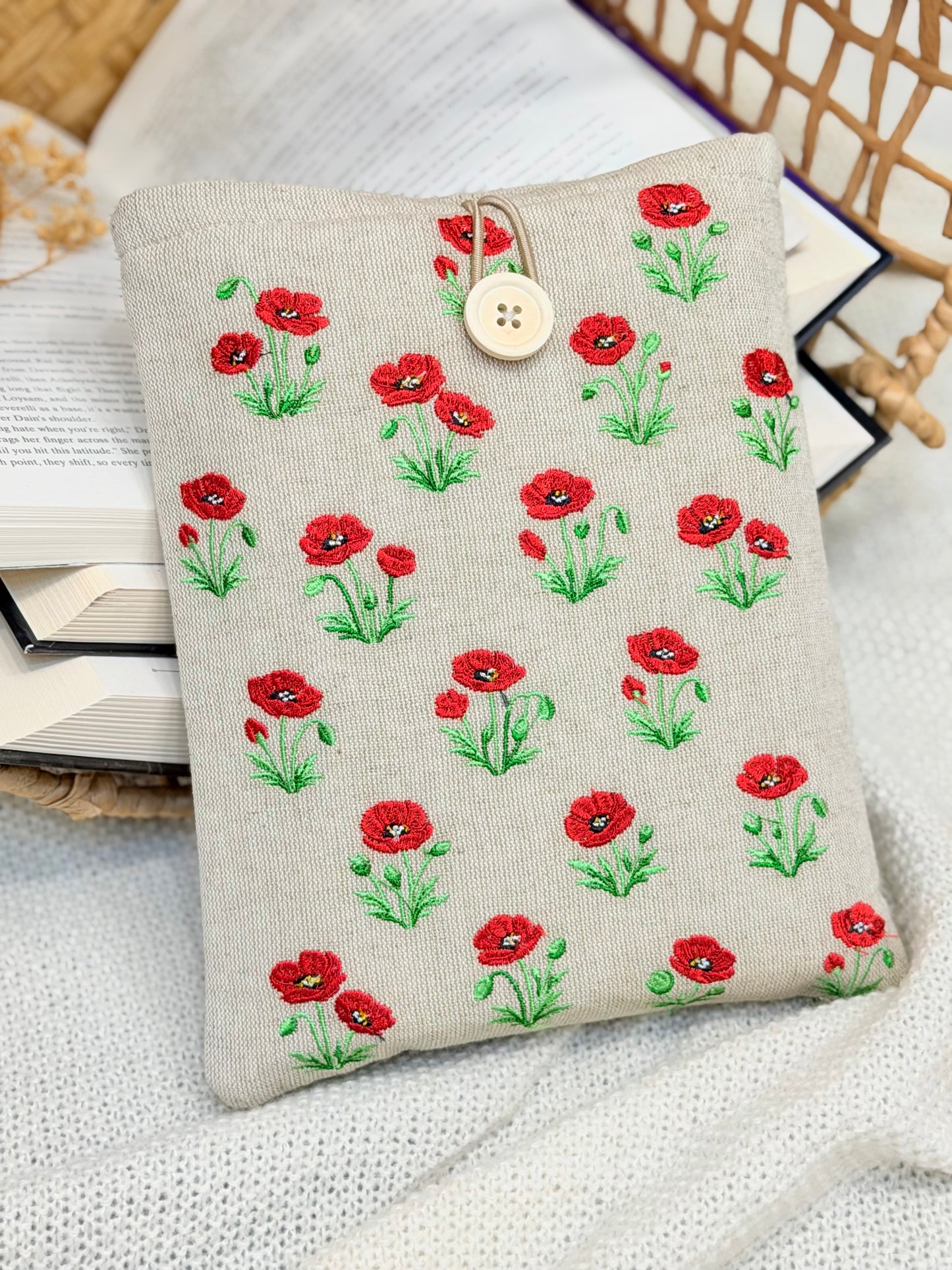 Embroidered Poppy Book Sleeve Red Floral Design Linen Cover