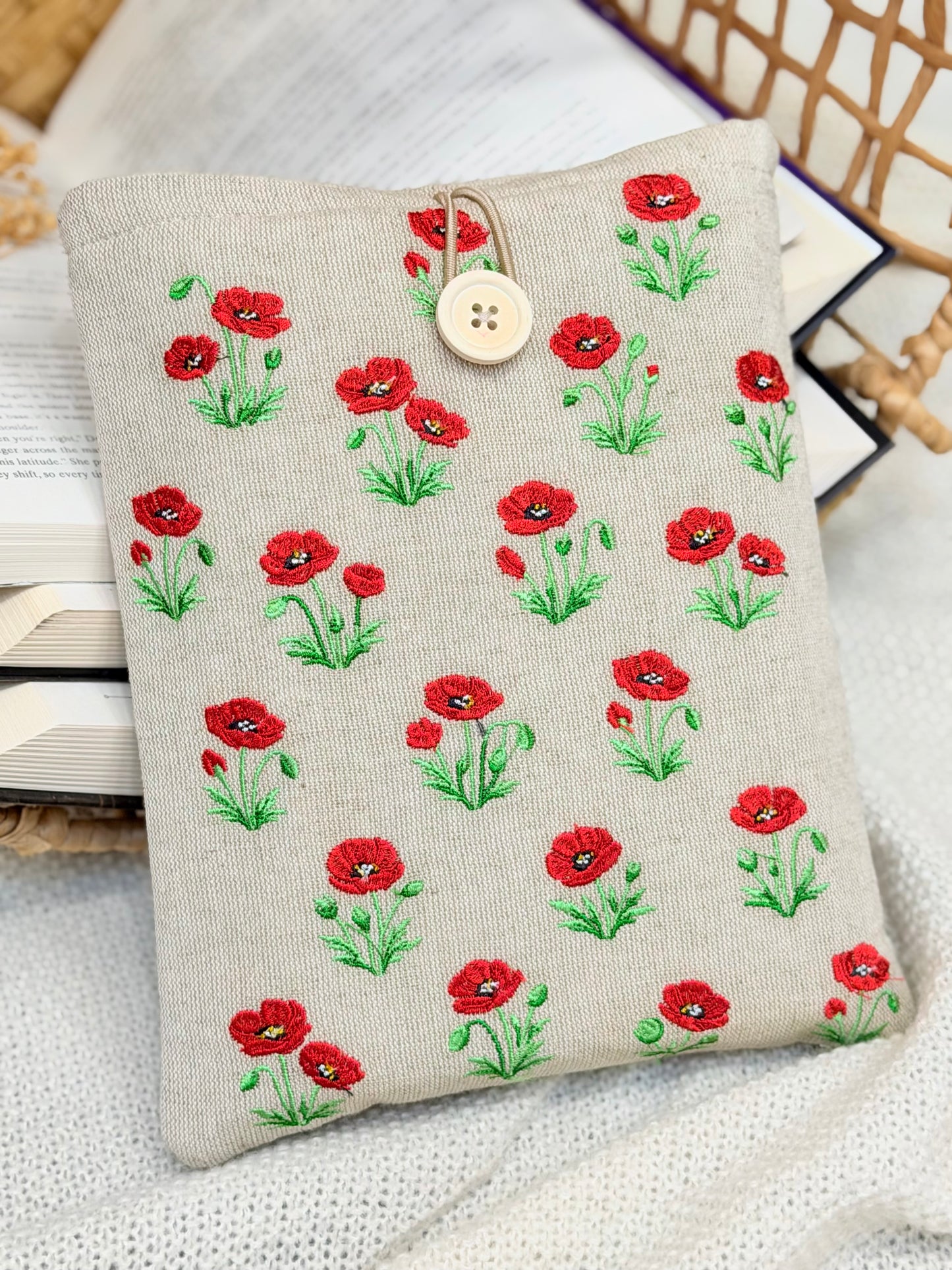 Embroidered Poppy Book Sleeve Red Floral Design Linen Cover