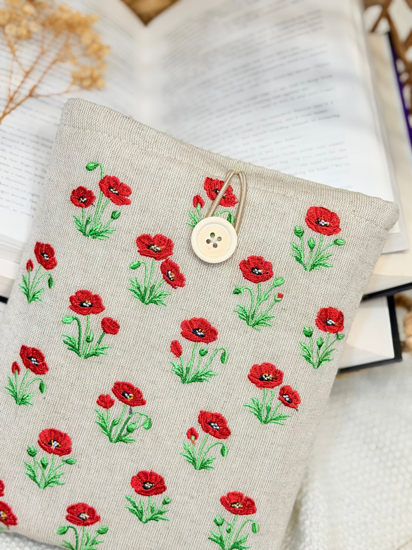 Embroidered Poppy Book Sleeve Red Floral Design Linen Cover