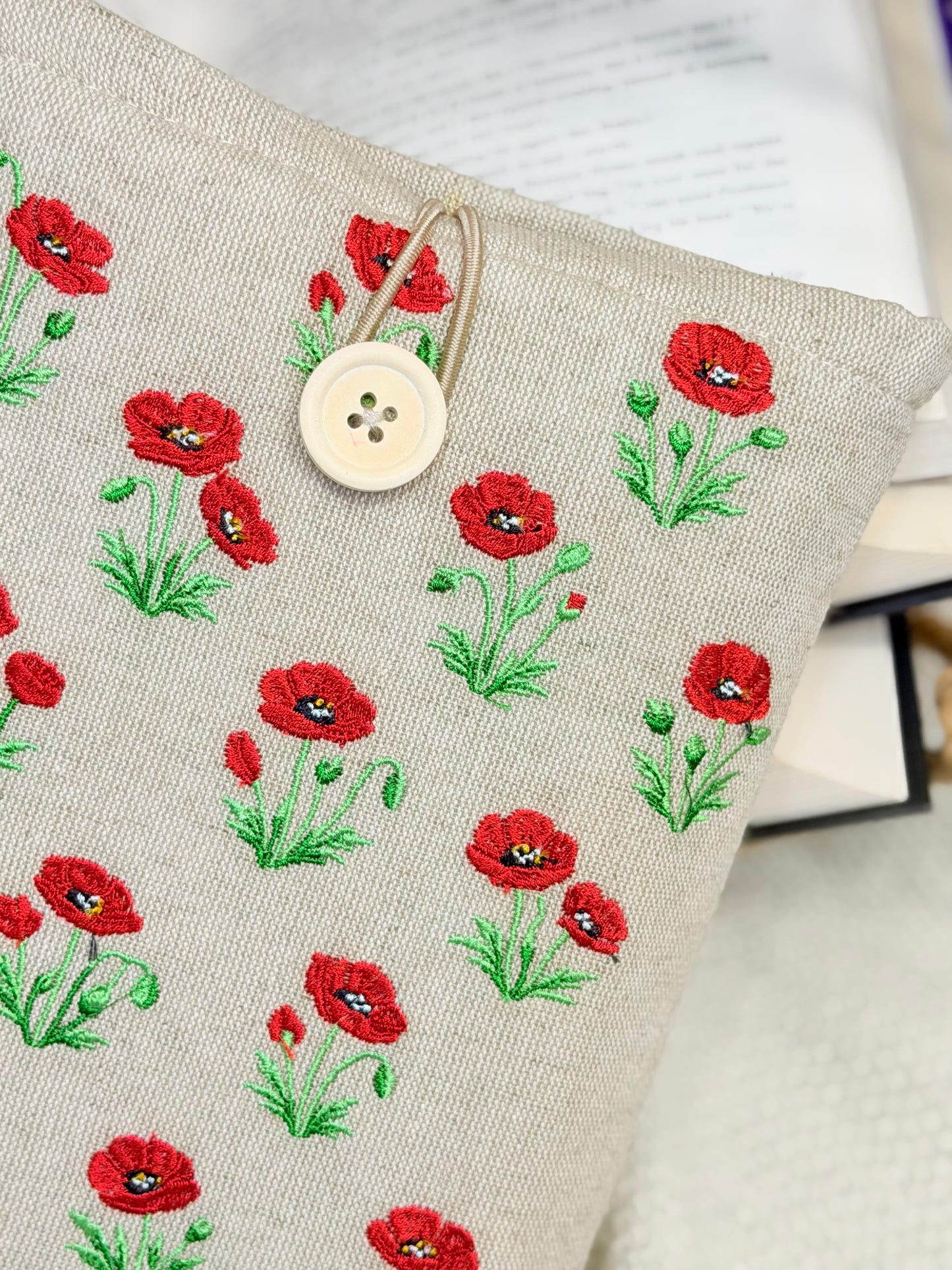 Embroidered Poppy Book Sleeve Red Floral Design Linen Cover