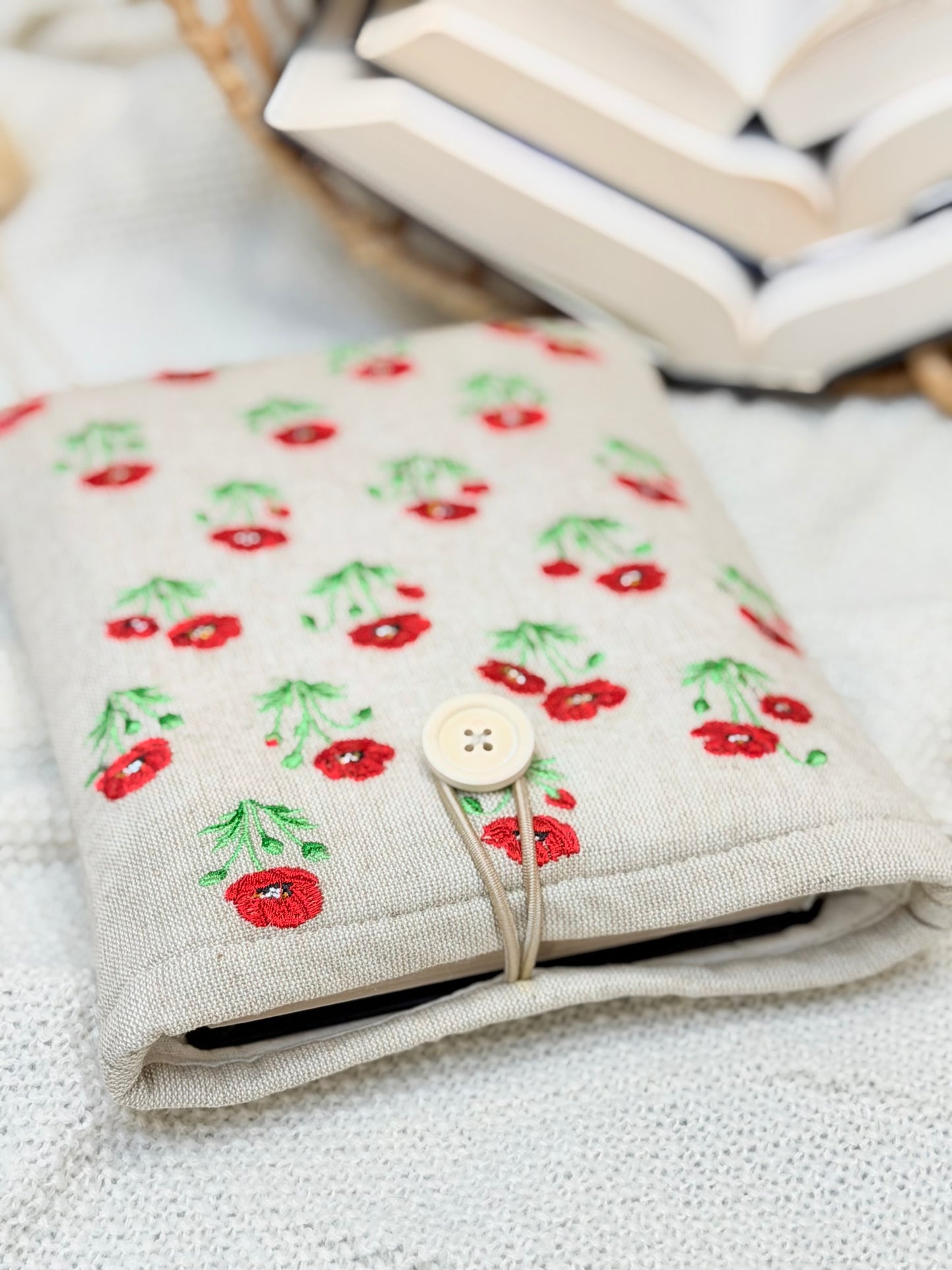 Embroidered Poppy Book Sleeve Red Floral Design Linen Cover