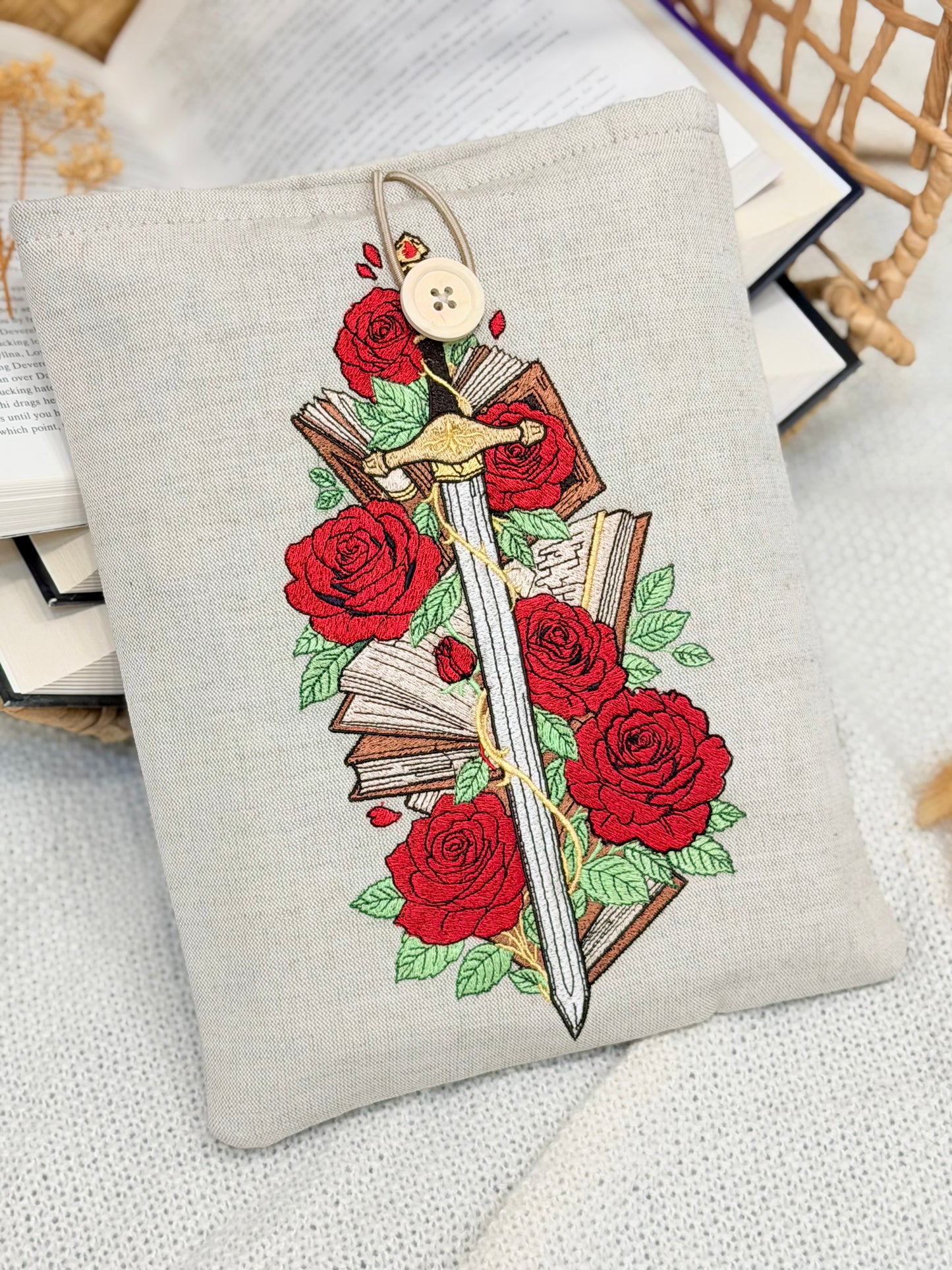 Embroidered Sword & Roses Book Sleeve Fantasy Floral Design
