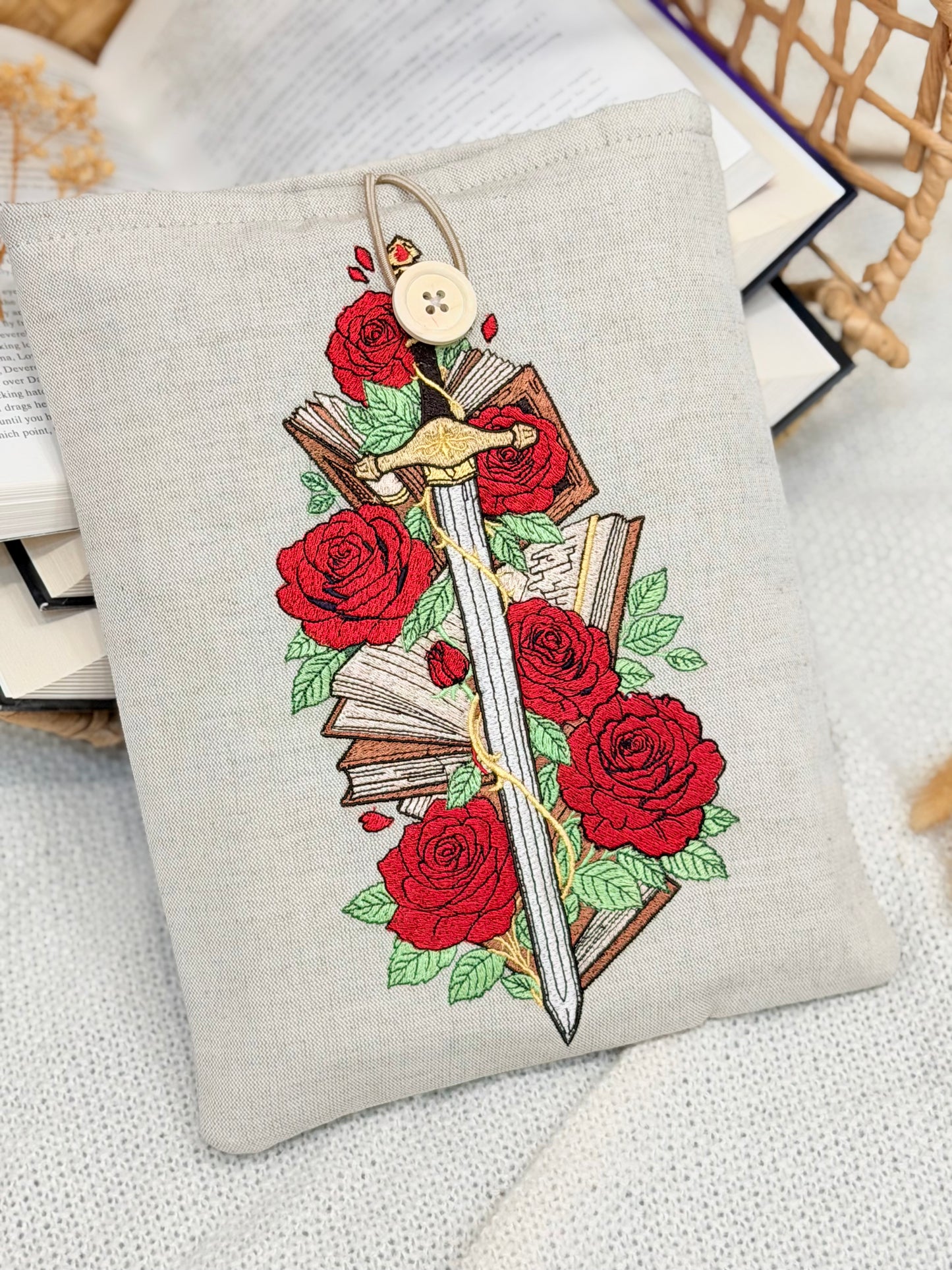Embroidered Sword & Roses Book Sleeve Fantasy Floral Design