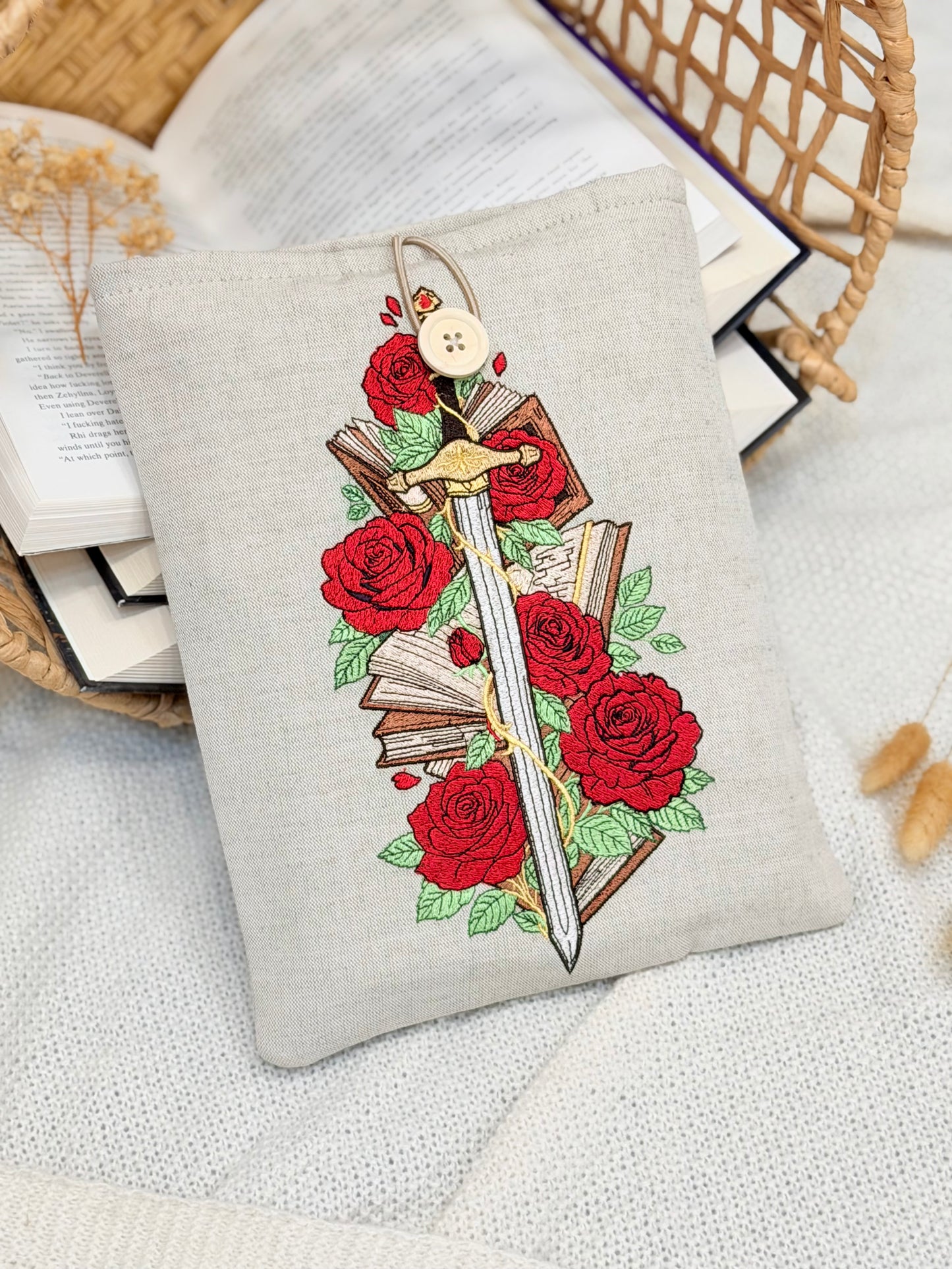 Embroidered Sword & Roses Book Sleeve Fantasy Floral Design