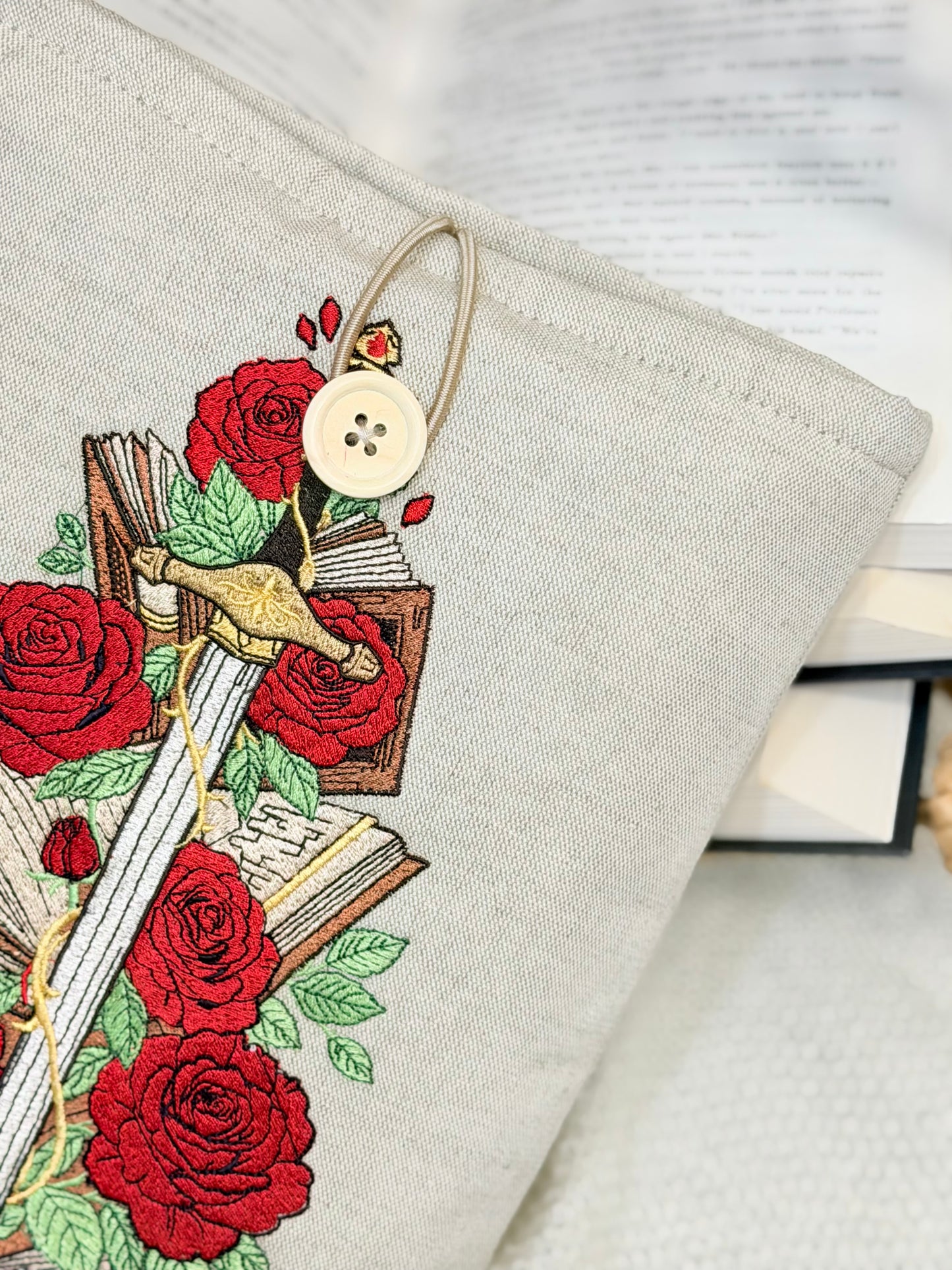 Embroidered Sword & Roses Book Sleeve Fantasy Floral Design