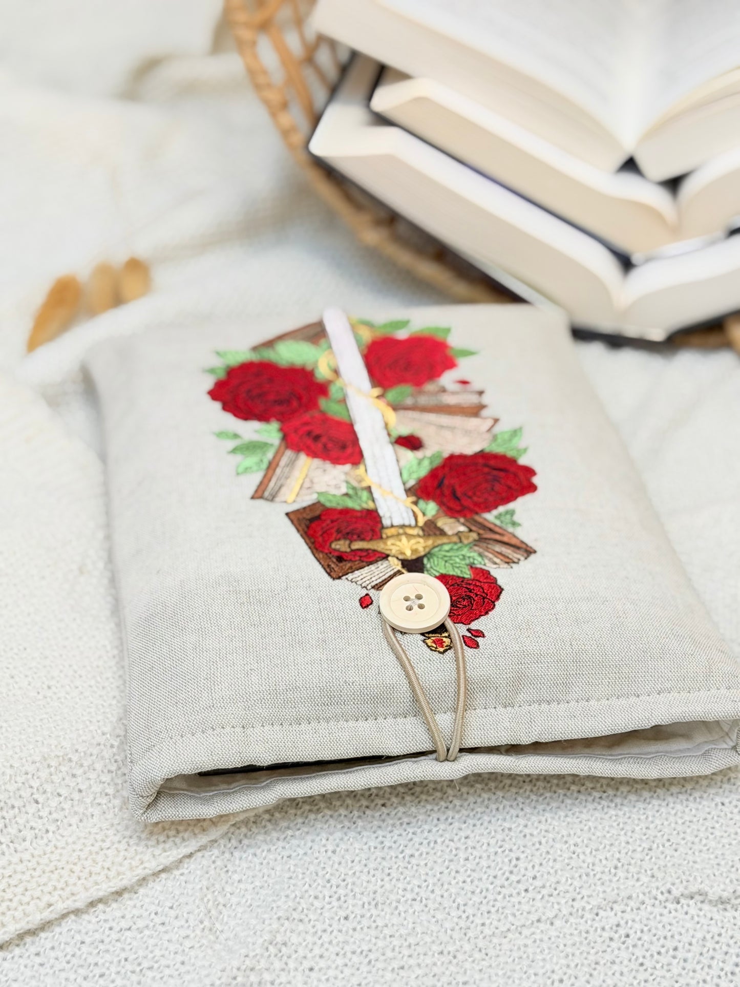 Embroidered Sword & Roses Book Sleeve Fantasy Floral Design