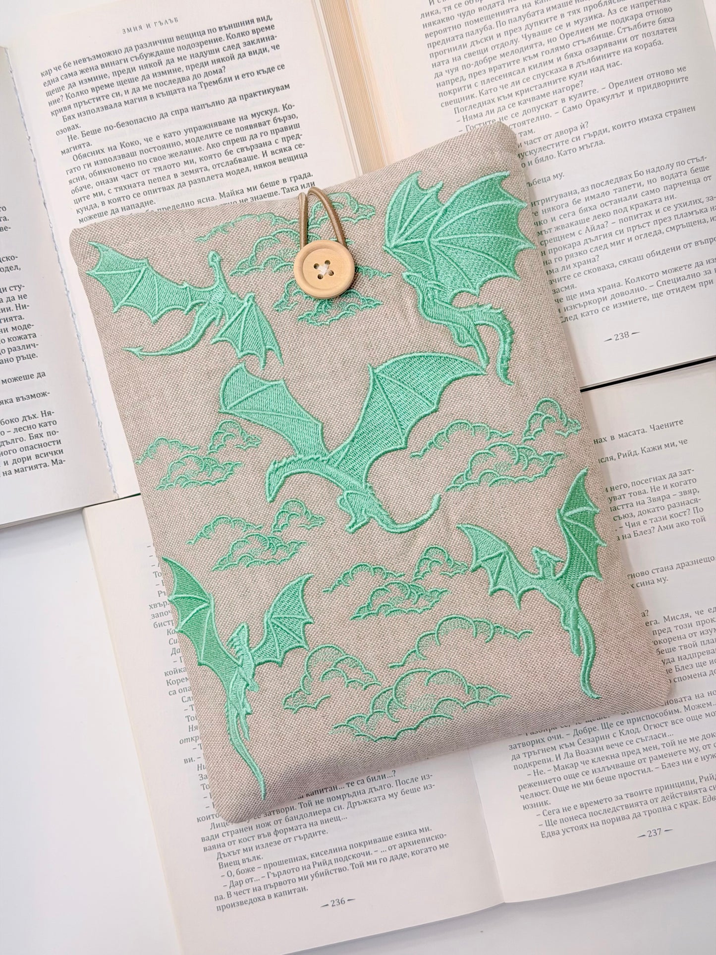 Embroidery Matcha Dragons Padded Book Sleeve | Lullaby Crafts World